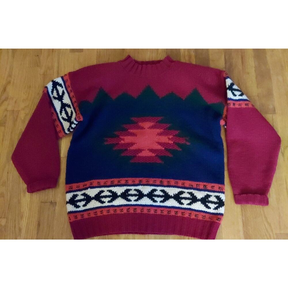 VTG. MARSH LANDING Hand Knit 100% Pure Wool Mock Neck Pullover Sweater SZ Med
